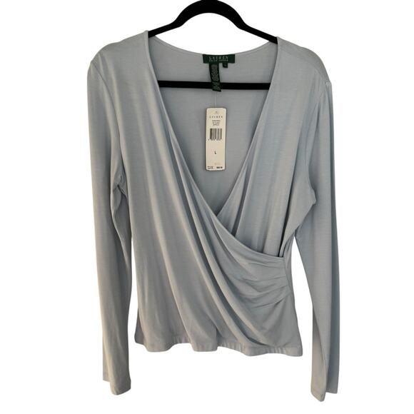 Lauren Ralph Lauren Light Blue Faux Wrap Women's Blouse Size Large - Picture 1 of 4